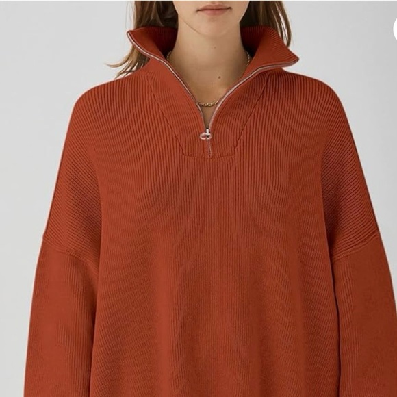 ANRABESS Women's LARGE Rust Oversized Long Sleeve Quarter Zip Slouchy Sweater - Picture 4 of 6